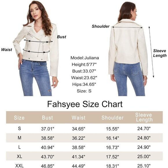 Fahsyee Women's Faux Leather white Jackets, Zip Up Outwear and Short Jackets - Picture 7 of 7